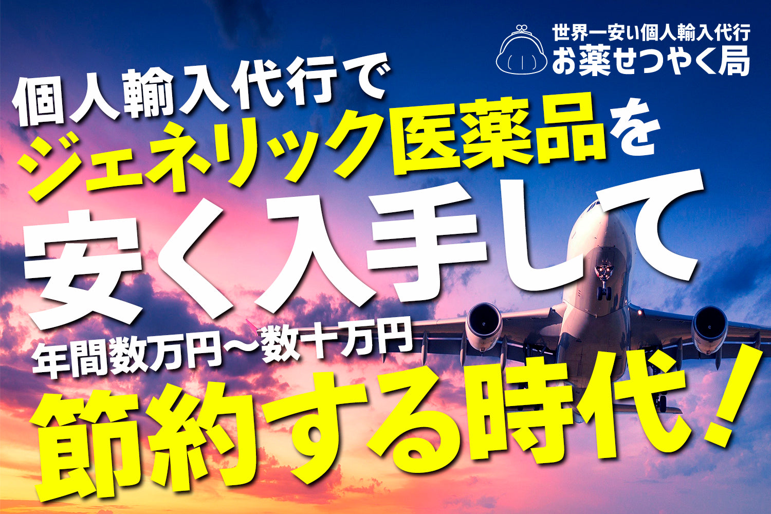 個人輸入代行でジェネリック医薬品を安く入手して年間数万円～数十万円節約する時代！と書いてある飛行機が背景の画像